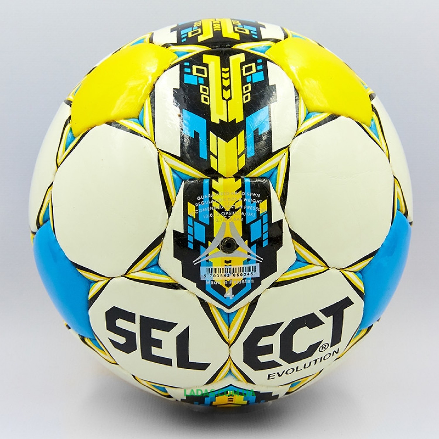 Мяч футбольный №4 PU ламинированный ST TALENTO (бело-желтый-синий, сшит вручную)
