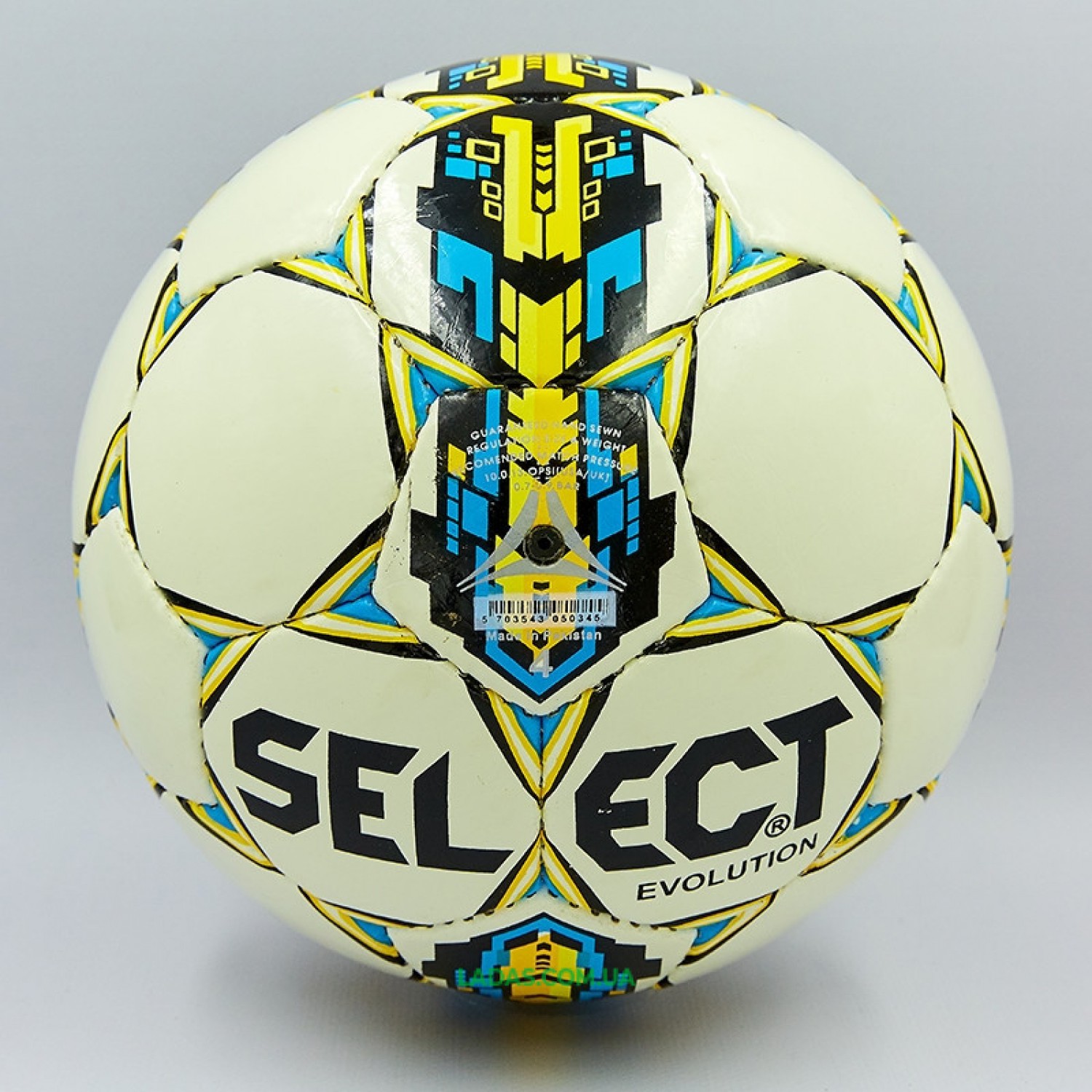 Мяч футбольный №4 PU ламин. ST EVOLUTION белый-синий-желтый (№4, 5 сл., сшит вручную)